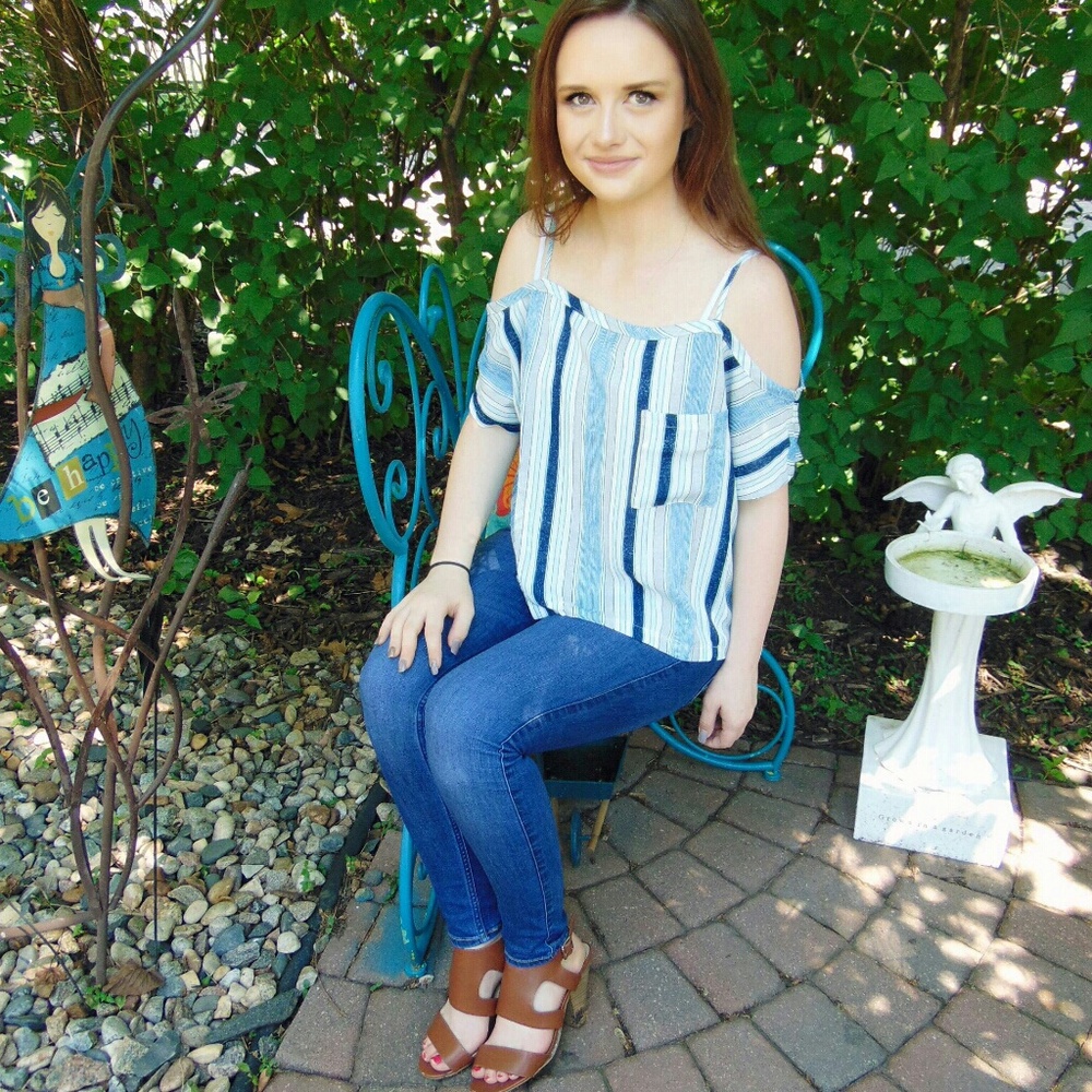 Blue stripes off shoulder top